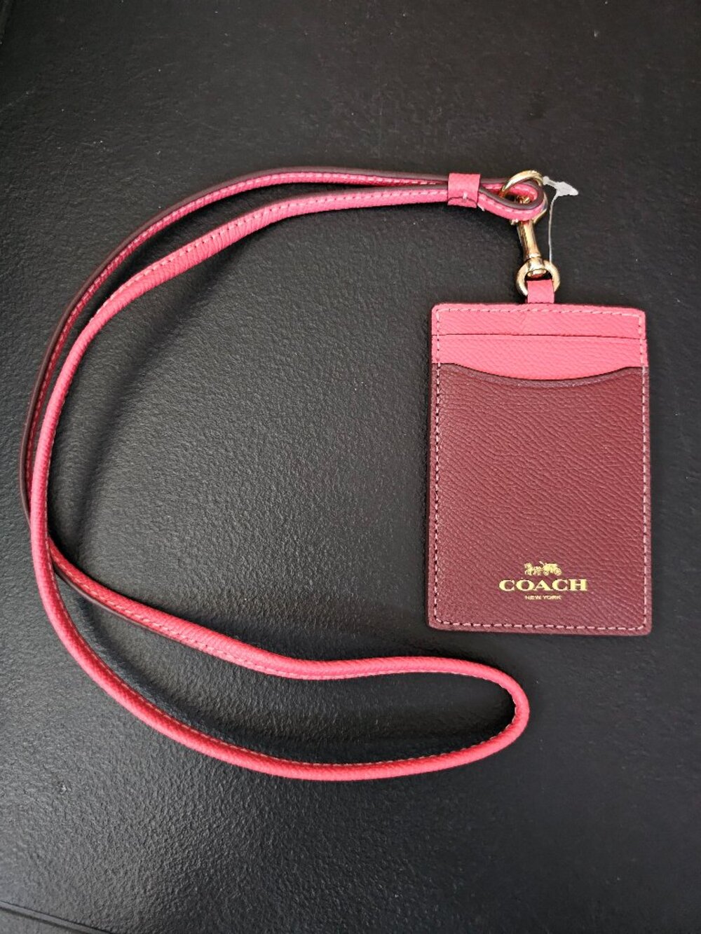 Coach CA824 Colorblock ID Lanyard Watermelon Wine Leather Gold NWT